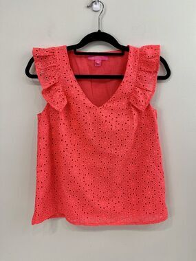 Lilly Pulitzer Lina Eyelet Top Spicy Coral Pink Neon Sunburst XS